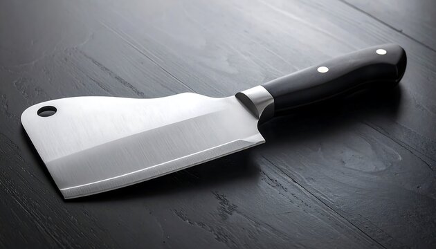 A high-angle, close-up view of a gleaming, stainless steel butcher knife with a dark, polished wooden handle.