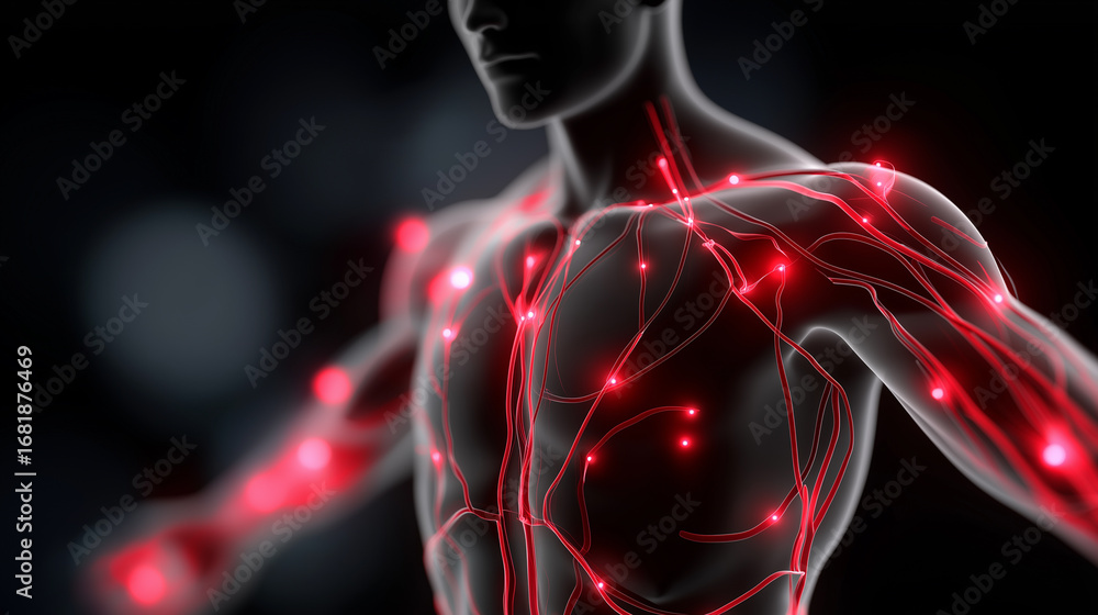 Poster a digital 3d rendering of the human nervous system glowing with pink neural signals.