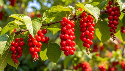 Fototapeta premium Clusters of vibrant red berries hang from branches, highlighted by lush green leaves in a close-up view.