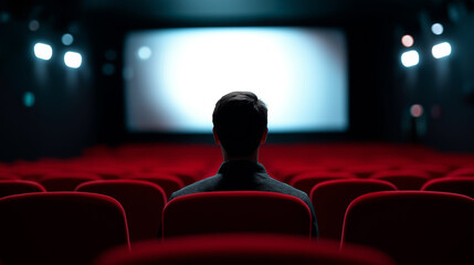 A man sits alone in a dark cinema hall facing a blank movie screen. 
