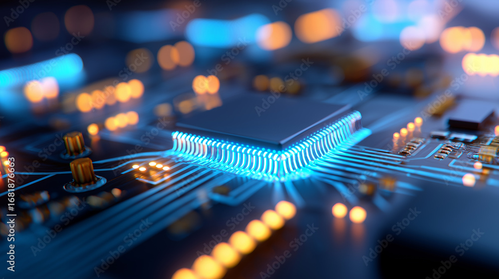 Poster close-up view of a glowing microchip on a futuristic digital circuit board.