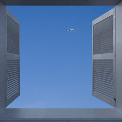 Open wooden window shutters framing clear blue sky with airplane flying above, minimal travel concept, freedom and adventure inspiration, symbolic view of journey, vacation and exploration background.