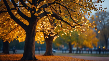 Autumn lights on park tree, bokeh background
