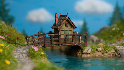 Charming miniature house with intricate details and vibrant colors, situated on a scenic wooden bridge surrounded by lush greenery and serene water, under a clear blue sky with a few puffy white cloud