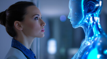 A woman stands beside a humanoid robot in a futuristic AI research facility.