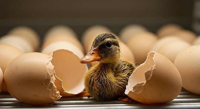 Newborn Duckling Emerging from Eggshell. - Powered by Adobe