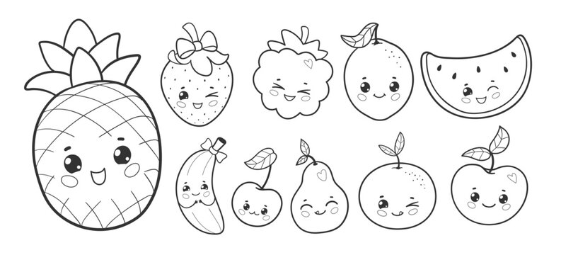 Vector illustration of black and white cute fruit characters with smiling faces. Hand drawn line art collection.