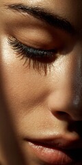 Fototapeta premium professional stock photo, closeup photo, beauty salon environment, beige colors, a woman face with shadows, eyelash lifting