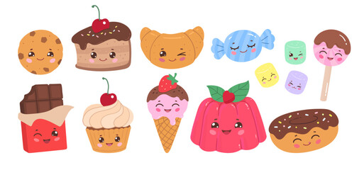 Vector illustration of sweet dessert characters with kawaii faces. Colorful collection of cute food.