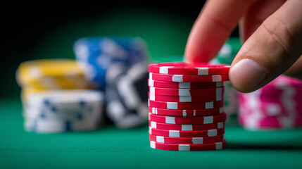 A hand picks up a stack of red poker chips from a green felt casino table.