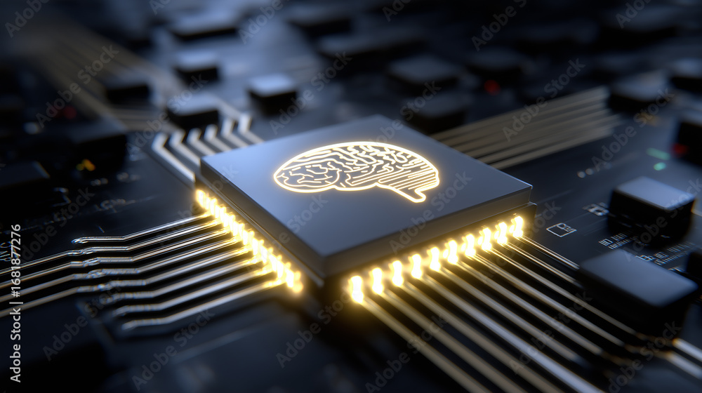 Poster a glowing ai microchip with a brain icon is mounted on a futuristic computer motherboard.