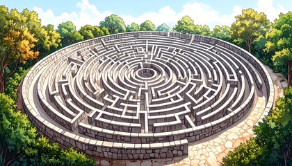 A large, circular maze, stone-walled, and nestled within a lush park setting, showcasing intricate pathways and a tranquil atmosphere.