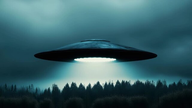A strange, disc-shaped craft hovers silently above a dark, misty forest as twilight sets in. The atmospheric scenery amplifies the intrigue of this unexplained phenomenon.