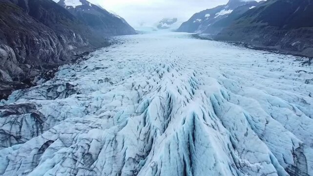 Majestic drone flight over vast icy glacier revealing dramatic crevasses and rugged mountain peaks under a cloudy sky showcasing nature's raw power and beauty