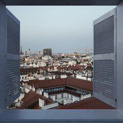 Panoramic view of the city, travel and architecture background. Beautiful city landscape from the balcony.