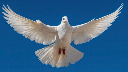 A white pigeon soars gracefully through a vibrant, clear sky, showcasing its expansive wings.