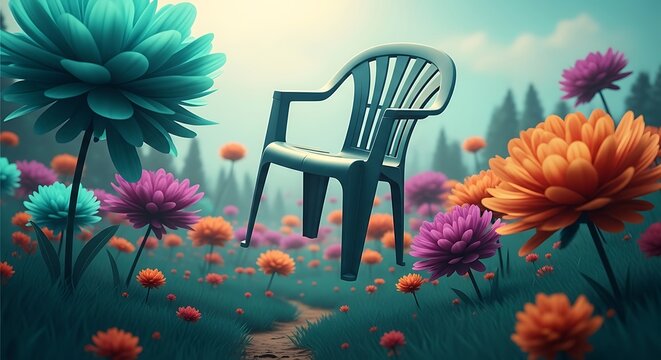 Plastic Chair Amidst Surreal Blooming Flowers.