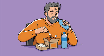 Cartoon illustration of a mature man with a beard eating a takeout meal of chicken and rice and drinking bottled water