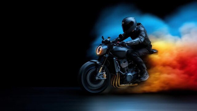 A skilled motorcycle rider showcases impressive speed and control on a customized bike, producing colorful smoke against a dark background during a high-octane performance.