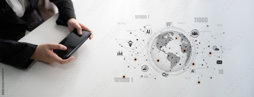 Poster global ai-powered digital network ecosystem connecting data, finance, analytics, ecommerce, communic