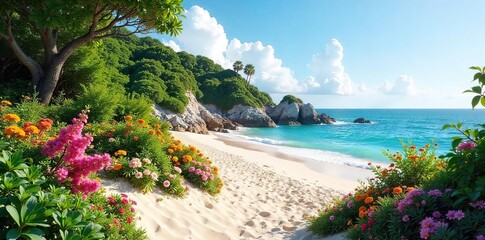 Naklejka premium Serene coastal garden thrives near the ocean Lush plants, vibrant flowers, and sandy beach create a tranquil oasis Perfect for relaxation and escape , sunshine, harmony