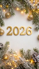 Festive pine branches gracefully framing the golden numbers symbolizing the arrival of the New Year 2026