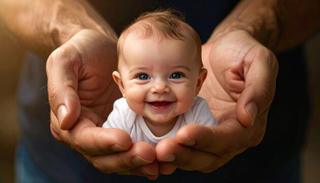 A radiant baby's joyful smile, perfectly cradled in the loving hands of an adult, beautifully captures the essence of new life, safety, and the deep bond of care