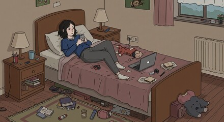 A young woman relaxes in her messy bedroom, using her smartphone while lying on the bed with a laptop and snacks.