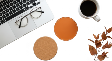 A laptop with glasses, a cup of coffee, and coasters on a transparent background