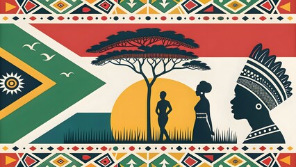 Vibrant south african flag with traditional patterns and silhouettes of people under an acacia tree