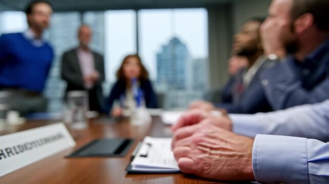 Medium shot emphasizing a checklist for green loan eligibility in the foreground with committee members engaged in conversation out of focus behind it.