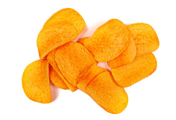 Potato chips with paprika flavor isolated on white background, top view