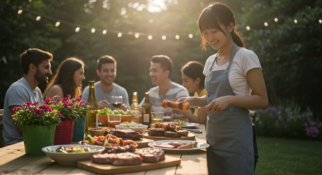 Warm outdoor family gathering at sunset with smiling people enjoying delicious food, laughter, and quality time in a cozy backyard setting filled with nature and festive ambiance.