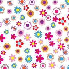 Flowers, floral, whimsical, playful, cheerful, colorful, seamless, pattern, background, print, fabric, textile, wallpaper, cute, cartoon, doodle, hand-drawn, illustration, graphic, repeating.