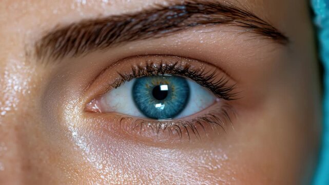 An intricate look at a woman's blue eye showcasing the vivid color, unique patterns, and the sheen of the skin around it, illuminated beautifully by natural light.