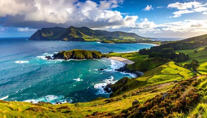 A breathtaking vista of a secluded bay, with dramatic cliffs and lush greenery, framed by a vibrant blue ocean under a partly cloudy sky.
