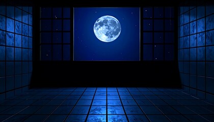 A dark, tranquil room with a large window shows a full moon and starry night sky.
