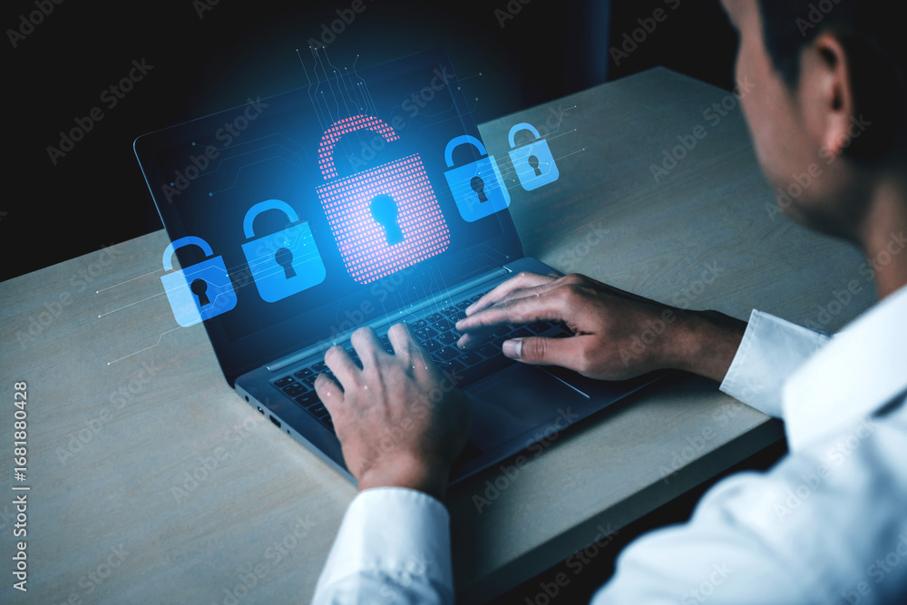 Poster digital security concept illustrating a cybersecurity breach, with a red unlocked padlock indicating