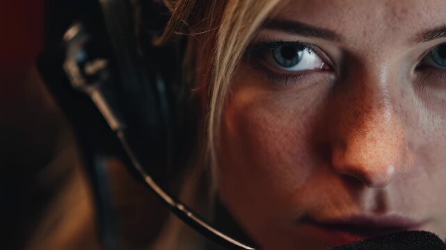 Medium shot of a talkback conversation through a headset focused on expressive lips speaking blurred audio equipment filling the booth background.