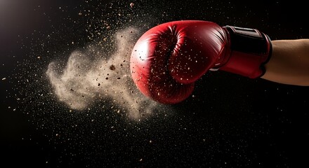 Powerful punch with a red boxing glove on black background.