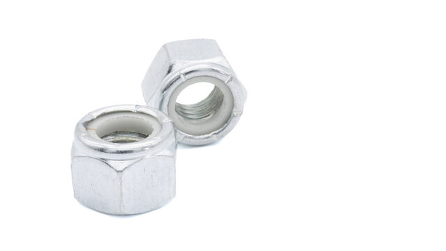 Lock nut with nylon insert on a white background, copy space