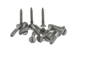 Wood screw or flat head wood screw, used for carpentry, on a white background	