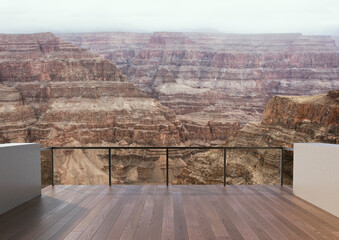 Panoramic desert mountain landscape with dramatic cloudy sky, rocky hills, dry valley, and scenic view from modern balcony terrace with glass railing, peaceful wilderness nature background. 