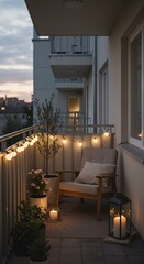 Naklejka premium Balcony Retreat: Cozy, inviting balcony illuminated by soft fairy lights, offering a tranquil escape with plants and candle.