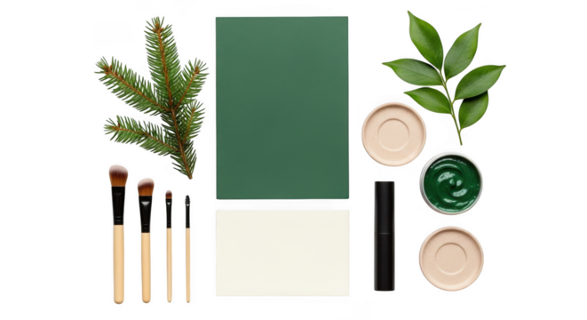 A collection of makeup brushes, a green notebook, green cream in a jar, and two small beige dishes isolated on transparent background