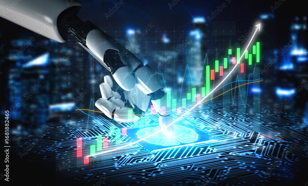 Aufkleber a robotic hand interacts with financial data in a dynamic digital space, showcasing growth trends an