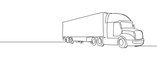 Continuous line of a big truck. Single line art hand drawn vector. Editable stroke.