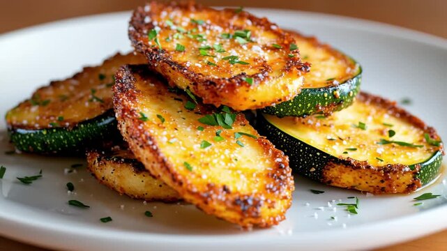 Deliciously crispy zucchini slices are stacked high on a plate, showcasing a golden crust and topped with fresh herbs for a flavorful touch. Ideal for a savory snack or side dish.