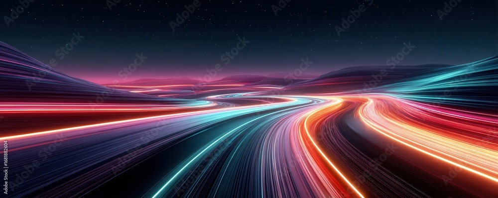 Poster futuristic neon light trails creating a dynamic abstract road landscape