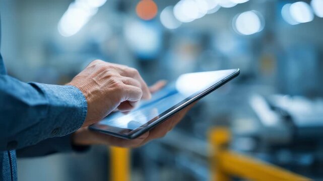 Medium shot of fingers navigating revision notes on a tablet screen during live digital training with blurred factory equipment behind.